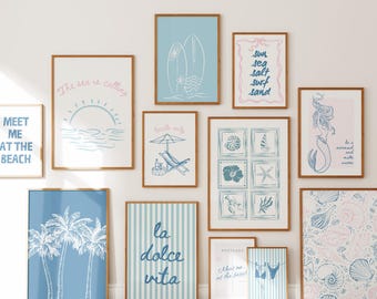 Blue Pink Coastal Wall Art Prints Set Of 12 Bikini Print Beachy Decor Blue Meet Me At The Beach Print Preppy Trendy Poster Summer Prints