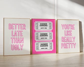 Funny Bathroom Quote Print Set: Pink Toilet Art, Shower Karaoke (Digital Download)
