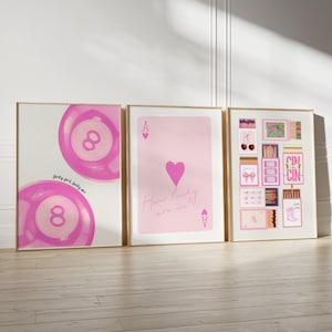 Juego de 3 impresiones de arte de pared Pink Coquete, "Qué suerte tenemos", decoración de pared moderna para dormitorio, arte imprimible de Blue Preepy Matchbox 8 Ball DIGITAL