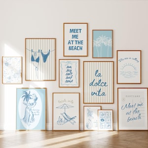 Blue Beige Coastal Wall Art Prints Set Of 12 Bikini Print Beachy Decor Blue Meet Me At The Beach Print Preppy Trendy Poster Summer Prints
