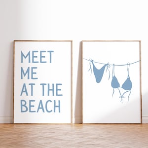 Blue Coastal Wall Art Prints Set Of 2 Bikini Print Beachy Decor Blue Meet Me At The Beach Print Preppy Trendy Poster Summer Prints DIGITAL
