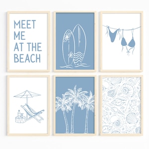 Juego de 6 impresiones de arte de pared con temática costera azul, estampado de bikini, decoración playera, estampado azul Meet Me At The Beach, póster de moda preppy, impresiones de verano DIGITAL