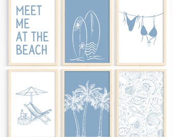 Blue Coastal Wall Art Prints Set Of 6 Bikini Print Beachy Decor Blue Meet Me At The Beach Print Preppy Trendy Poster Summer Prints DIGITAL