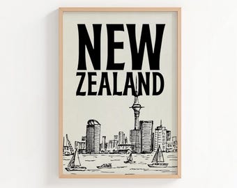 Vintage New Zealand Travel Poster: Retro Cityscape Art Print (Digital Download