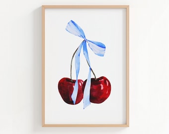 Coquette Cherry Print: Blue Bow Trendy Girl Room Decor (Digital Download)