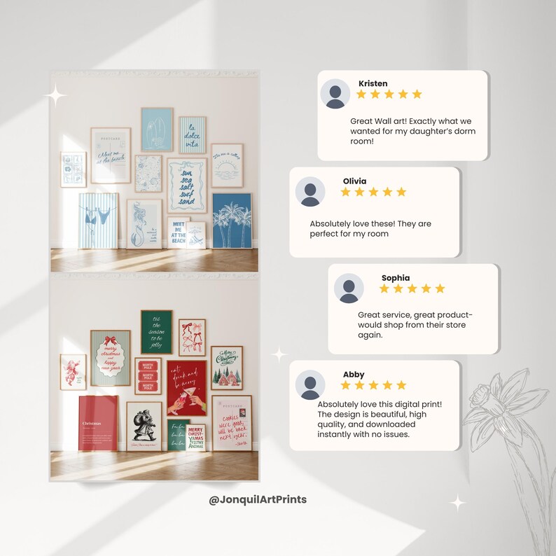 Puede incluir: Dos paredes de galer&iacute;a con varias impresiones art&iacute;sticas enmarcadas. La colecci&oacute;n superior muestra temas costeros en azul y blanco, mientras que el conjunto inferior presenta motivos navide&ntilde;os en rojo y verde. Se muestran cuatro rese&ntilde;as de clientes.