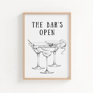 Vintage barwagenafdruk: 'The Bar is Open' keukenkunst (digitale download)