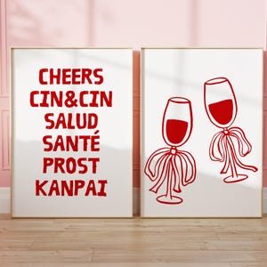 Czerwony wózek barowy Zestaw 2 modnych dekoracji ściennych do wózków barowych Na zdrowie Druk Na zdrowie w różnych językach Plakat Nowoczesny wózek barowy Plakat CYFROWY