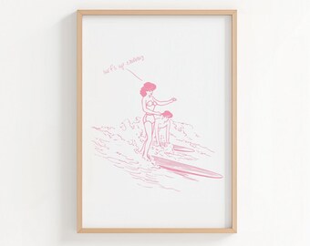 Retro Surf's Up Cowboy Print: Pink Coastal Cowgirl Art (Digital Download)