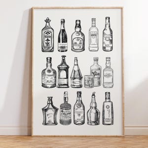 Zwarte bar winkelwagen afdrukken vintage bar winkelwagen decor alcoholflessen esthetische print keuken muur kunst bar afdrukbare kunst drankjes muur digitale