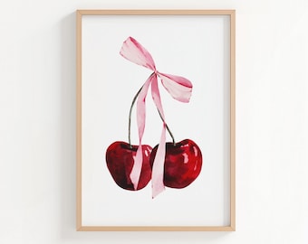 Coquette Room Decor Pink Bow Cherry Wall Art Print Trendy Wall Art Aesthetic Apartment Decor Girly Wall Art Cherry Poster Preppy Art DIGITAL