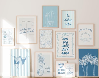 Blue Coastal Wall Art Prints Set Of 12 Bikini Print Beachy Decor Blue Meet Me At The Beach Print Preppy Trendy Poster Summer Prints DIGITAL