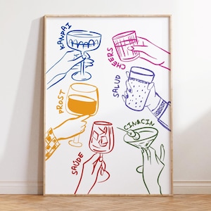 Colourful Cheers Print Bar Cart Decor Trendy Wall Art Drinks Wall Decor Kitchen Wall Art Bar Cart Accessories Glasses Drink Wall Art DIGITAL