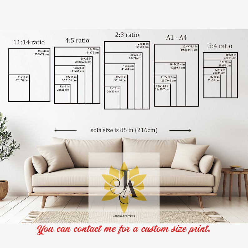 May include: A size guide chart for wall art prints featuring various aspect ratios including 11:14, 4:5, 2:3, A1-A4, and 3:4 with specific dimensions in inches. Below, a beige sofa is shown with a sofa size of 85 inches and a logo.