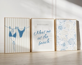 Blue Beige Coastal Wall Art Set Of 3 Bikini Print Beachy Decor Blue Postcard Meet Me At The Beach Print Preppy Trendy Poster Summer Prints