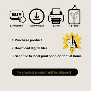 Puede incluir: Infograf&iacute;a con fondo beige que detalla los pasos para comprar, descargar, imprimir y enmarcar un producto. Incluye iconos y el texto: "&iexcl;No se enviar&aacute; ning&uacute;n producto f&iacute;sico!"
