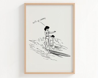 Retro Surf's Up Cowboy Cowgirl Print: Black Coastal Wall Art (Digital Download)