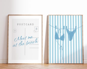 Blauwe kust muurkunst set van 2 bikini print beachy decor blauwe ansichtkaart Meet Me At The Beach print preppy trendy poster zomerprints