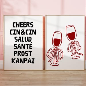 Czarno-czerwony zestaw ściennych grafik do wózków barowych 2 modne dekoracje do wózków barowych Na zdrowie Drukuj Na zdrowie w różnych językach Plakat Nowoczesny plakat do wózków barowych CYFROWY