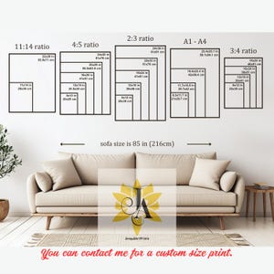 Puede incluir: Una gu&iacute;a de tama&ntilde;os para impresiones de arte mural con varias relaciones de aspecto, incluyendo 11:14, 4:5, 2:3, A1-A4 y 3:4 con dimensiones en cm. Debajo, se muestra un sof&aacute; beige con un tama&ntilde;o de 216 cm y un logotipo central.
