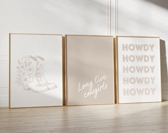 Beige Cowgirl Wall Art Set: Western Dorm Decor Prints (Digital Download)