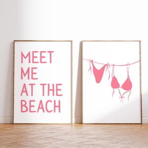 Pink Coastal Wall Art Prints Set Of 2 Bikini Print Beachy Decor Pink Meet Me At The Beach Print Preppy Trendy Poster Summer Prints DIGITAL