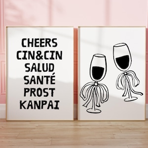 Czarny wózek barowy Zestaw 2 modnych dekoracji ściennych do wózków barowych Na zdrowie Na zdrowie w różnych językach Plakat Nowoczesny wózek barowy Plakat CYFROWY