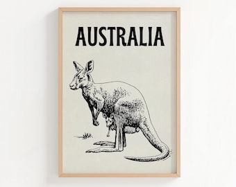 Poster di viaggio vintage sull'Australia: stampa artistica retrò con canguro (download digitale)