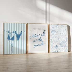 Blue Coastal Wall Art Set Of 3 Bikini Print Beachy Decor Blue Postcard Meet Me At The Beach Print Preppy Trendy Poster Summer Prints