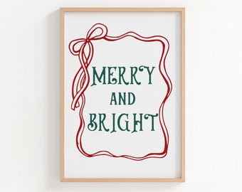 Merry and Bright Print, Cute Quote Christmas Decor, Trendy Holiday Wall Art, Winter Print, DIGITAL Download