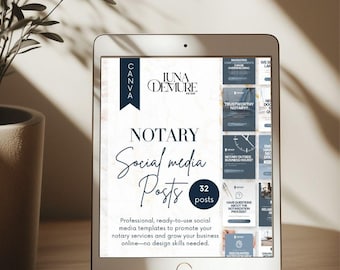 May include: A digital tablet displays a Canva template for notary social media posts. The screen shows a navy blue and white design with the text "NOTARY Social media Posts" and "32 posts". The tablet is on a wooden surface.