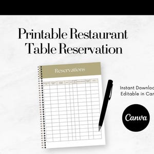 Peut inclure: Un bloc-notes de réservation de table de restaurant imprimable avec le mot "Réservations" en haut. Un stylo noir repose sur le bloc-notes. Le texte "Réservation de table de restaurant imprimable" est en haut. Le logo Canva est dans un cercle noir.
