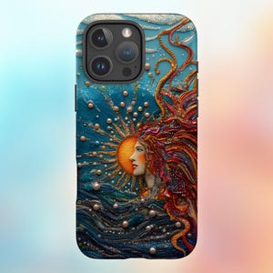 May include: A phone case with a colorful, mosaic-like design featuring a woman's face, a sun, and ocean waves. The case has a cutout for the phone's camera.