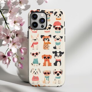 Kawaii Dog Phone Case, Cartoon Dogs in Retro Sunglasses, Playful Dressed Pups Cover, Cute Gift for Dog Lovers, Adorable Puppies Pattern