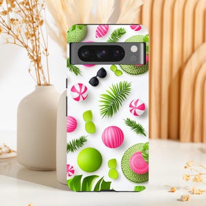 Hot Summer Pixel Case with Fun Beach Pattern, Exotic Greens & Pinks, Chill Poolside Style Pixel Cover for Google Pixel 9 8 7 6 5 Pro XL