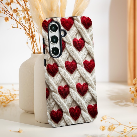 Knitted Hearts Samsung Case, Cute Crochet Knit Samsung casing, Embroidery Samsung Case, Valentines case for Samsung Galaxy s24 23 22 21 25