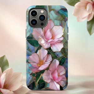 Pearlescent Magnolia Phone Case lights up with luminous pink blooms, gold lead outlines and emerald leaves for a romantic, elegant finish