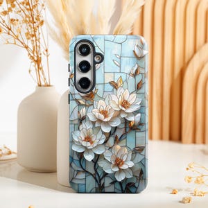 Stained Glass Magnolia Samsung Galaxy Case - Elegant Floral Samsung Case with Delicate and Whimsical Blossoms, Samsung S25 S24 S23 S22 S21