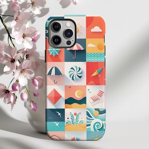 Puede incluir: Funda de teléfono colorida con un diseño veraniego en forma de cuadrícula. El diseño incluye sombrillas, soles, olas y tumbonas en una vibrante paleta de rojo, naranja, azul y amarillo. Hecha de plástico resistente.