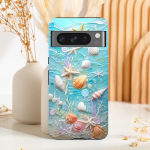 May include: A blue phone case with a seashell and starfish design. The case has a raised 3D effect and features a variety of seashells and starfish in different colors and sizes.