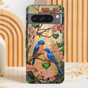 Stained Glass Blue Birds Pixel Case, Romantic Cherry Blossom Mosaic Pixel Case, Vintage Floral Hearts for Google Pixel 9 Pro XL, Pixel 8 7