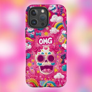 Kawaii Cartoon Skull iPhone Case - Cute Pink Sugar Skull Phone Cover with Rainbow Stars - Colorful Fun iPhone Gift, Anime iPhone case