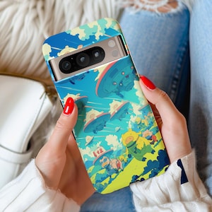 Fun Cartoon Pixel Case, Piggy Aliens Cover, Whimsical Cartoon Design, Protective Blue Pixel 9 Case, Cute Google Pixel Phone Case Gift