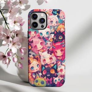 May include: A colourful phone case featuring a whimsical design of cartoon characters with various expressions. The characters are mostly pink, white, and black, with some blue and green accents. The case has a camera cutout and a black border.