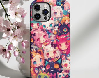 Cute Fantasy Cats Phone Case fills screens with pastel kawaii charm, chibi cat-eared girls, oversized cat faces and rainbow star sparkles.