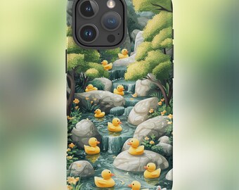 May include: A phone case with a colorful illustration of a stream with yellow rubber ducks floating down it. The case has a black camera bump with three lenses.
