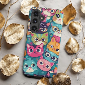 Whimsical Kawaii Cat Samsung Cover, Cozy Kitty Pattern, Vibrant Cute Cartoon Style Samsung Cover for Galaxy S25 S24 S23 S22 S20 S20 Ultra FE