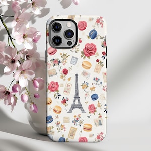 Dreamy Paris Phone Case, Elegant Cottagecore Eiffel Tower and Macarons Collage Cover, iPhone 16 15 14 13, Galaxy S25 S24 S23, Pixel 9 8 7