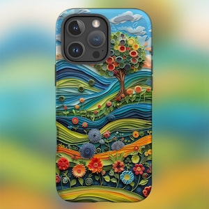 Könnte beinhalten: Eine farbenfrohe Handyhülle mit einem papierartigen Design eines Baumes, Blumen und Hügeln. Die Hülle hat ein blaues, grünes, gelbes, oranges und rotes Farbschema.