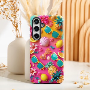 Summer Sunglasses Samsung Case shines with sun-soaked tropical vibes, turquoise mirrors, pineapples and magenta hibiscus for playful beach.
